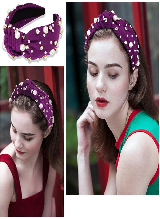 Atoden Pearl Knotted Rhinestone Wide Top Knot Beaded Jeweled Crystal Embellished Headbands for Women's Hair - Deep Purple - Image 4